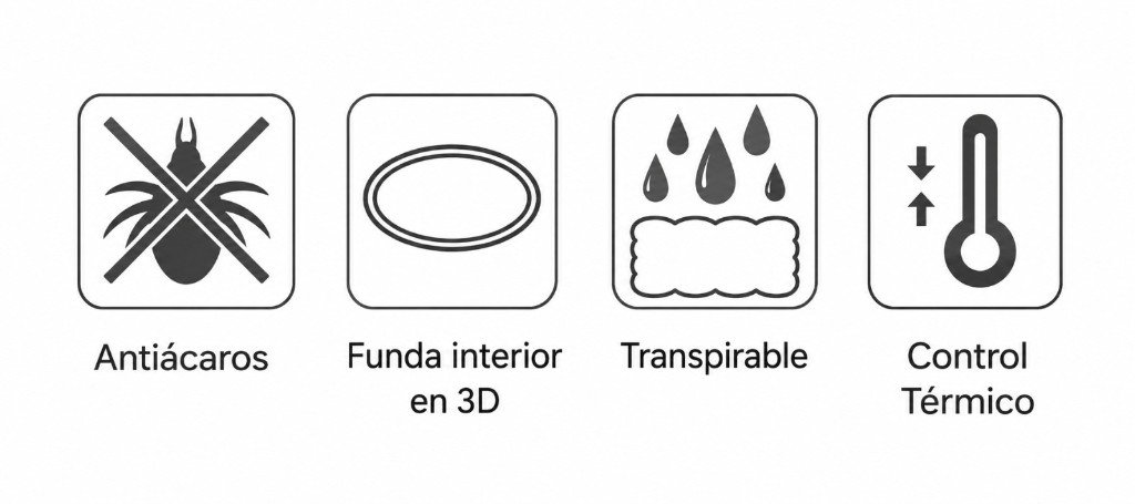Características del colchón: antiácaros, funda interior en 3D, transpirable y control térmico